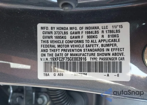 2016 Honda Civic Ex из США, поврежденный, VIN 19XFC2F75GE003916